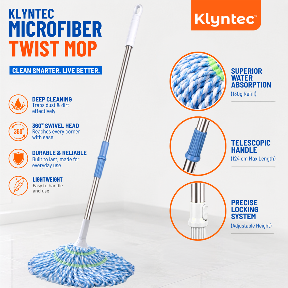 Klyntec Stainless Steel Twist Mop Handle (White & Blue) 130 GMS