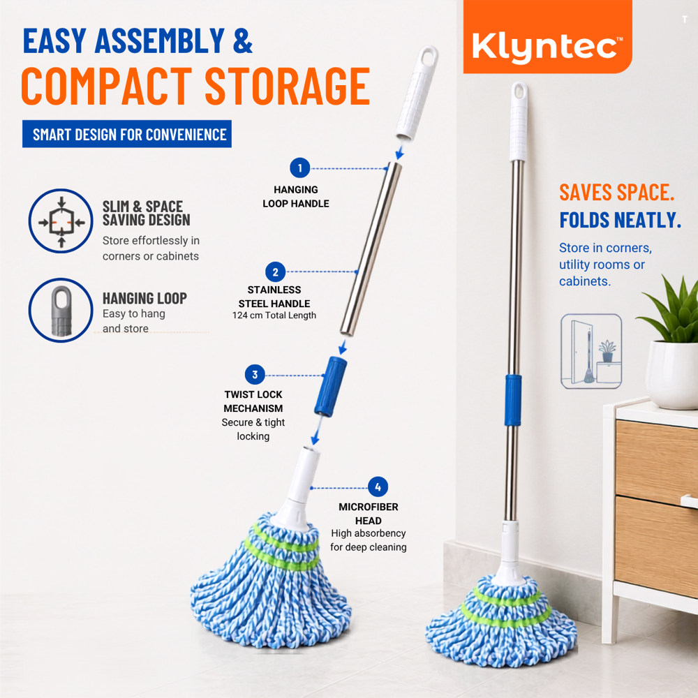Klyntec Stainless Steel Twist Mop Handle (White & Blue) 130 GMS
