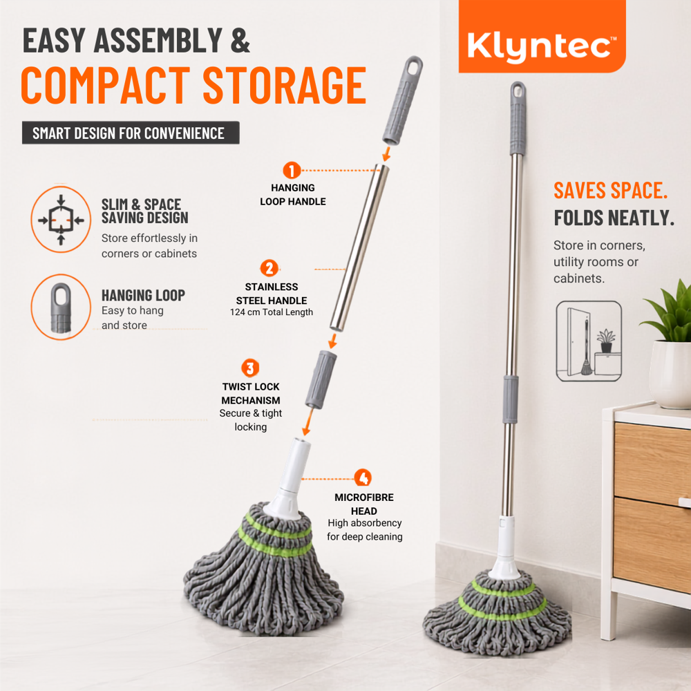 Klyntec Stainless Steel Twist Mop Handle (GREY) 130 GMS