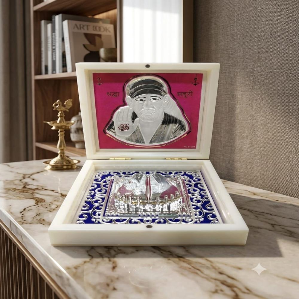Saibaba Puja Box - Silver-Plated Metal, 8x8x2 Inches, Blue & White | Handcrafted Engraved Saibaba Design, Velvet Lining, Hinged Lid