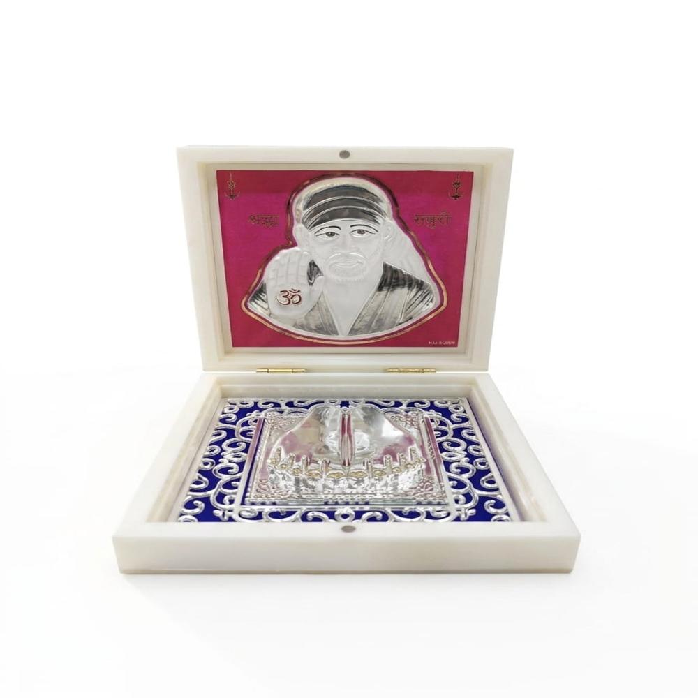 Saibaba Puja Box - Silver-plated Metal, 8x8x2 Inches, Blue & White | Handcrafted Engraved Saibaba Design, Velvet Lining, Hinged Lid