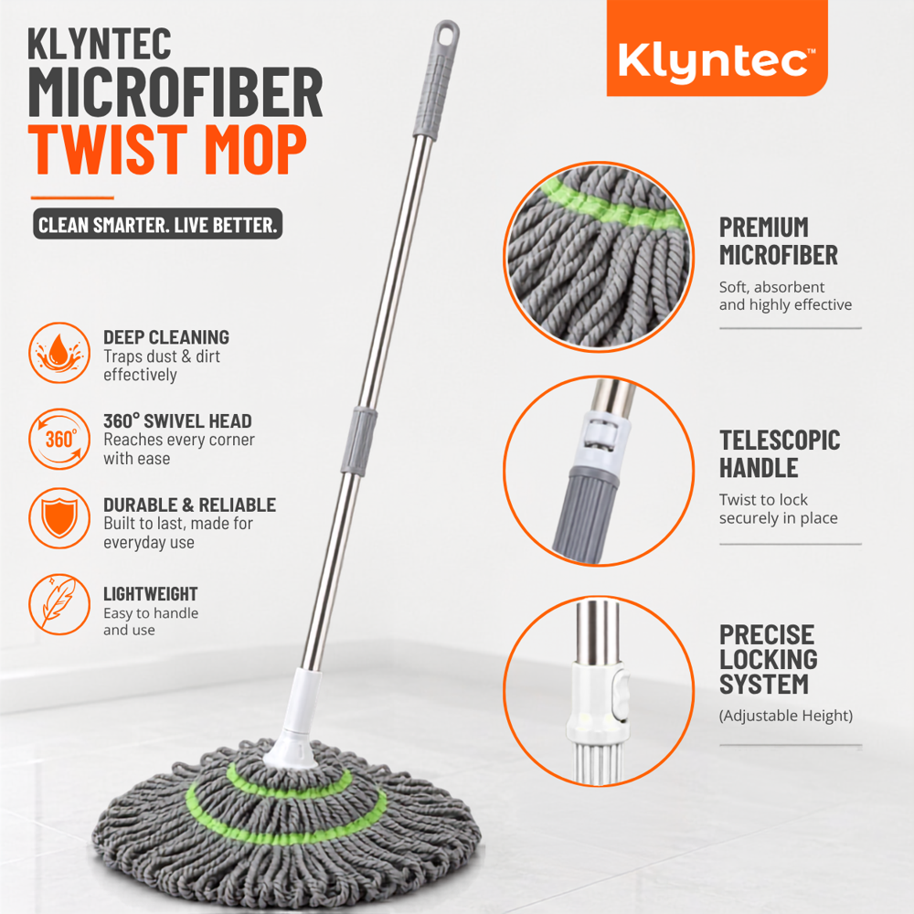Klyntec Stainless Steel Twist Mop Handle (GREY) 100 GMS