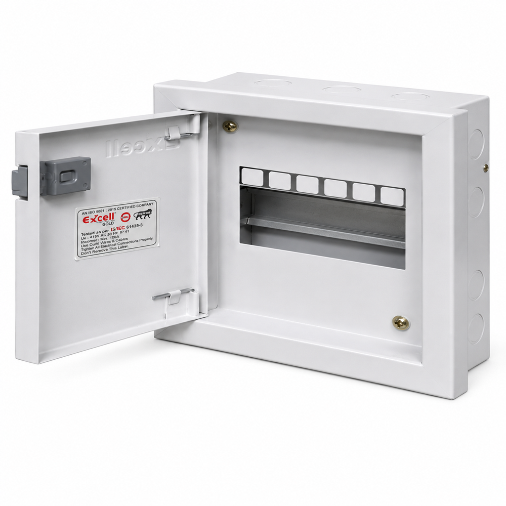 6 Way Double Door MCB Box - CRCA Steel, 230x210x90mm, White | Epoxy Powder Coated, IS/IEC 61439-3, Multiple Knockouts, Cam Lock Provision