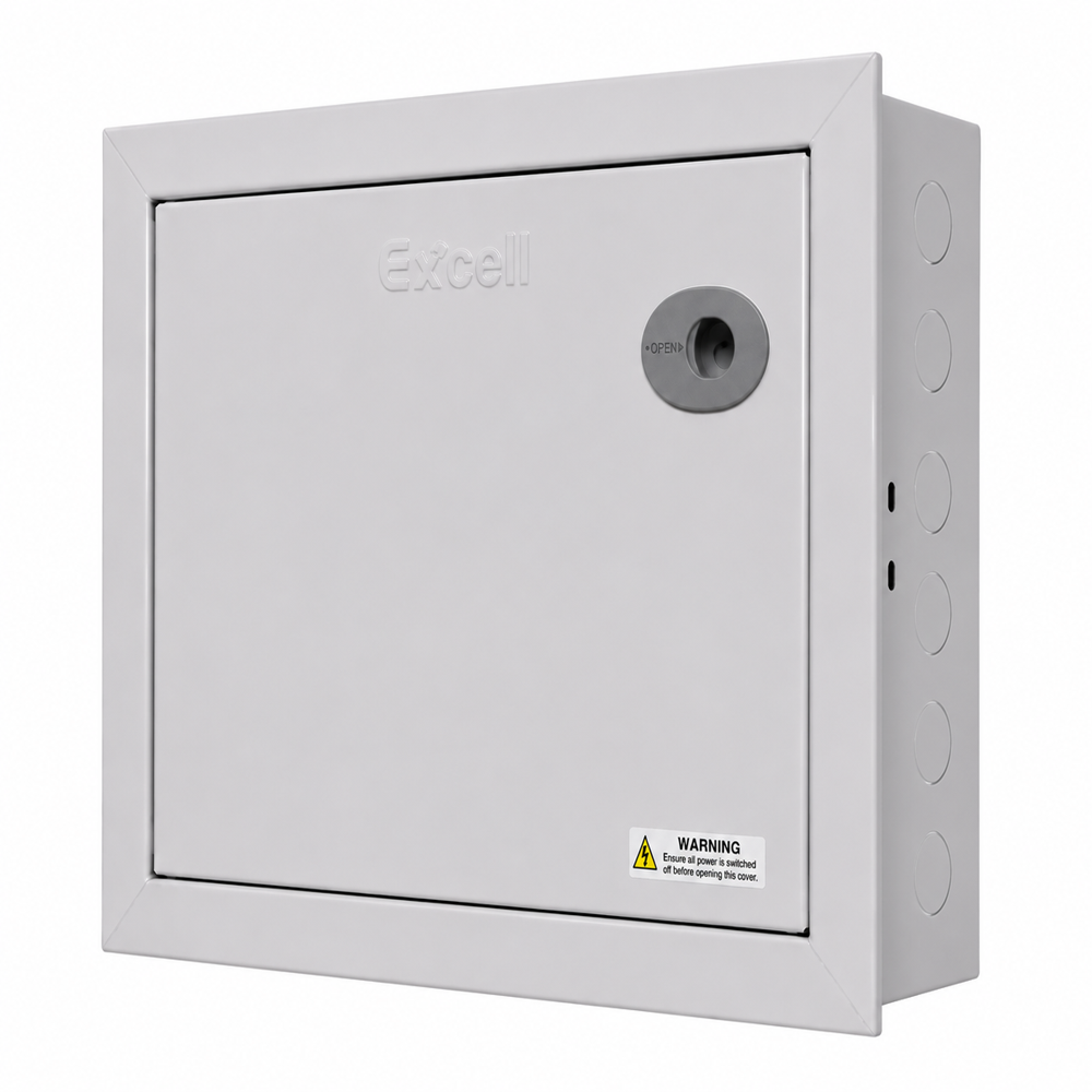 12 Way Double Door MCB Box - CRCA Sheet Steel 320x240x95 mm Grey, IP42, Knob Lock, Flame Retardant, Dust & Moisture Resistant