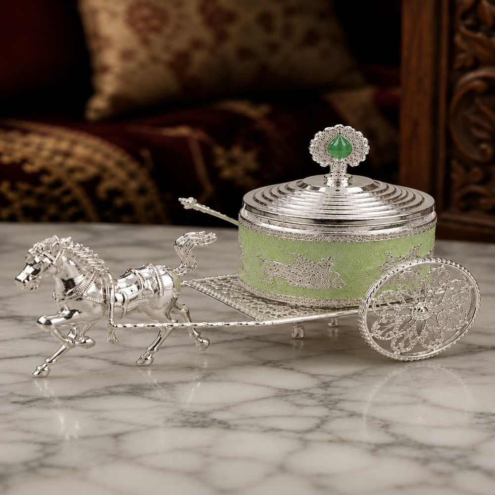 Beautiful Silver Carriage Sets - 92.5% Sterling Silver 18x8x10cm, Pastel Green Enamel, Hand-Engraved Filigree, Removable Lid