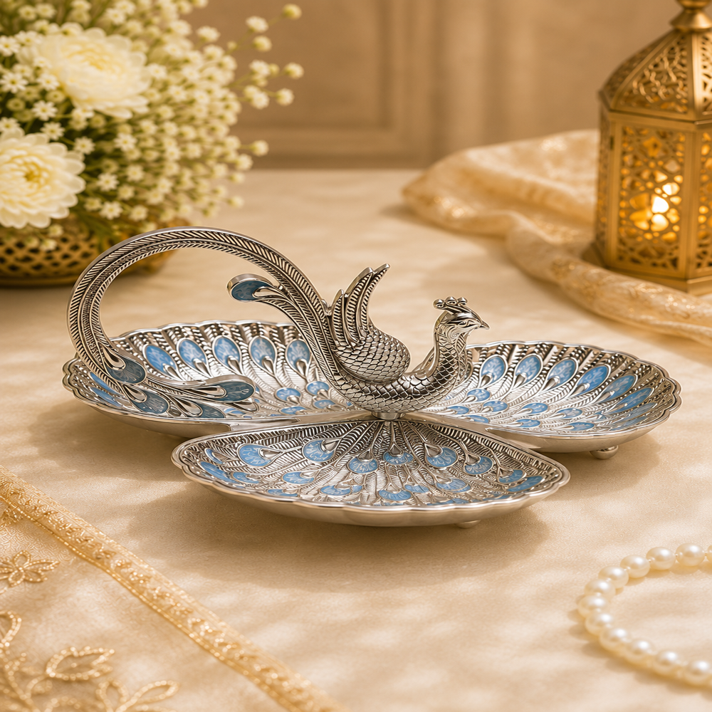 German Silver Peacock Tray - Medium 25x18x13 cm, Silvery Blue Enamel | Twin-Bowl Oval, 3D Footed Design, Handcrafted