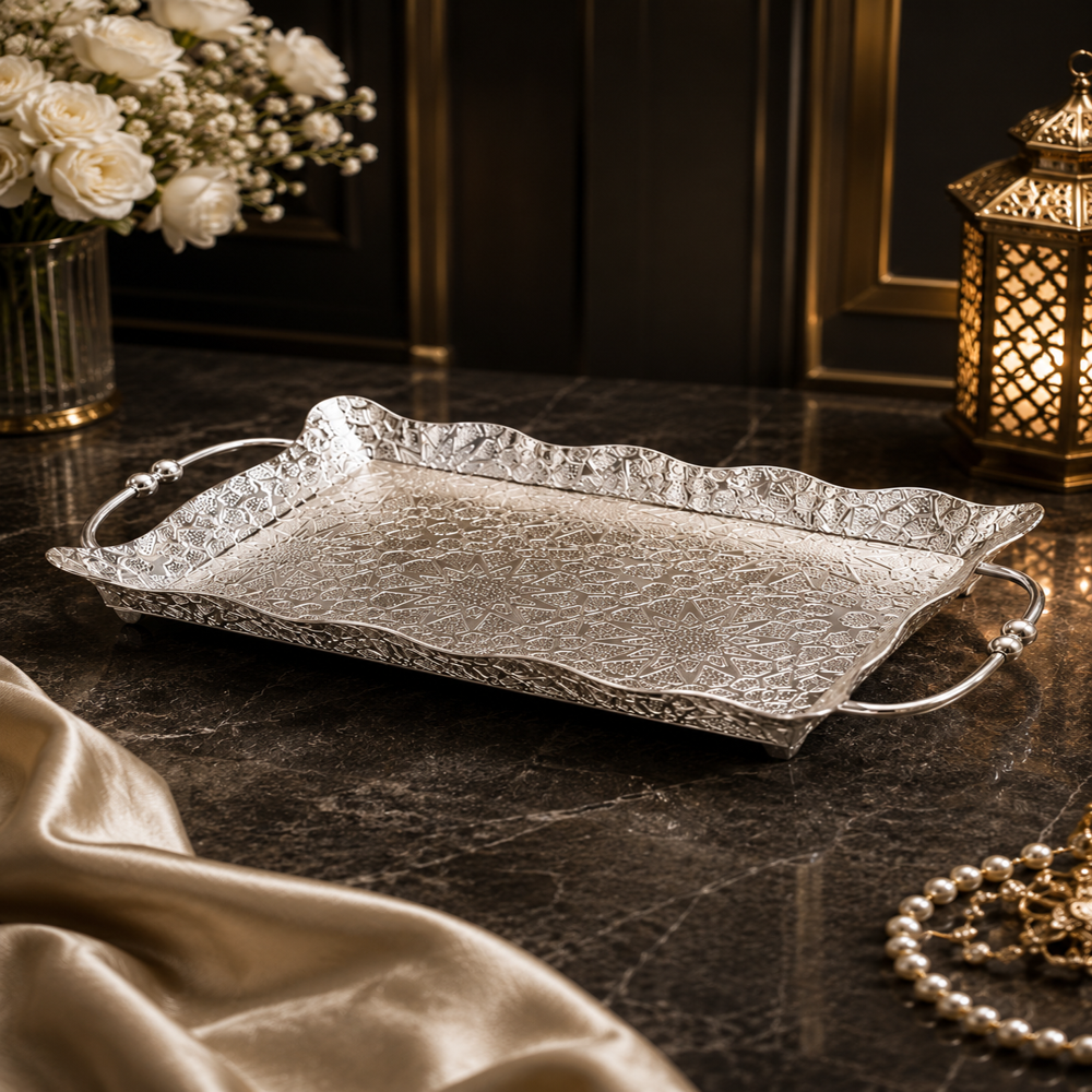 German Silver Plated Tray - 14x8x2 Inches, Mirror-polished Silver, Scalloped Edges, Geometric Floral Etching