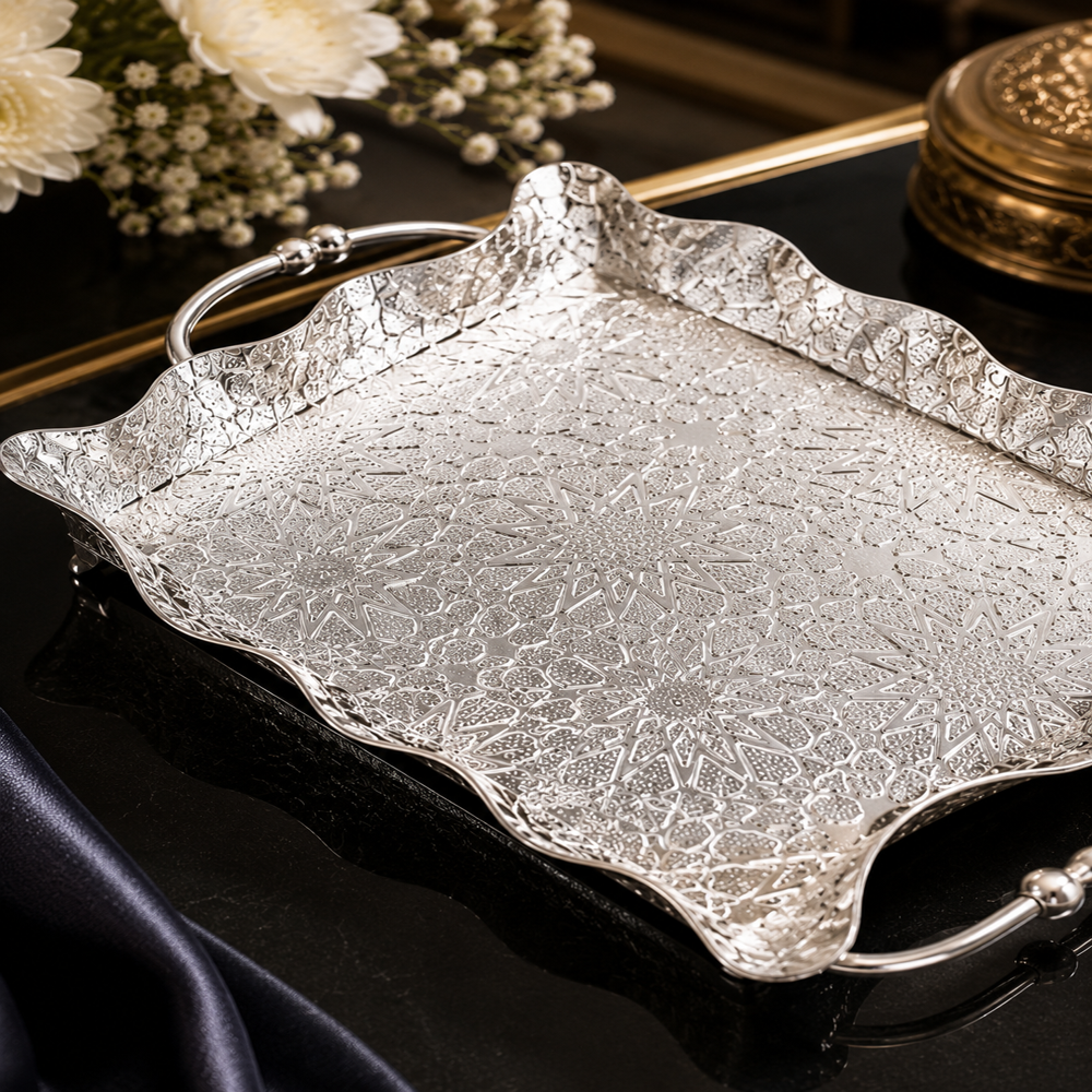 German Silver Plated Tray - 14x8x2 Inches, Mirror-polished Silver, Scalloped Edges, Geometric Floral Etching
