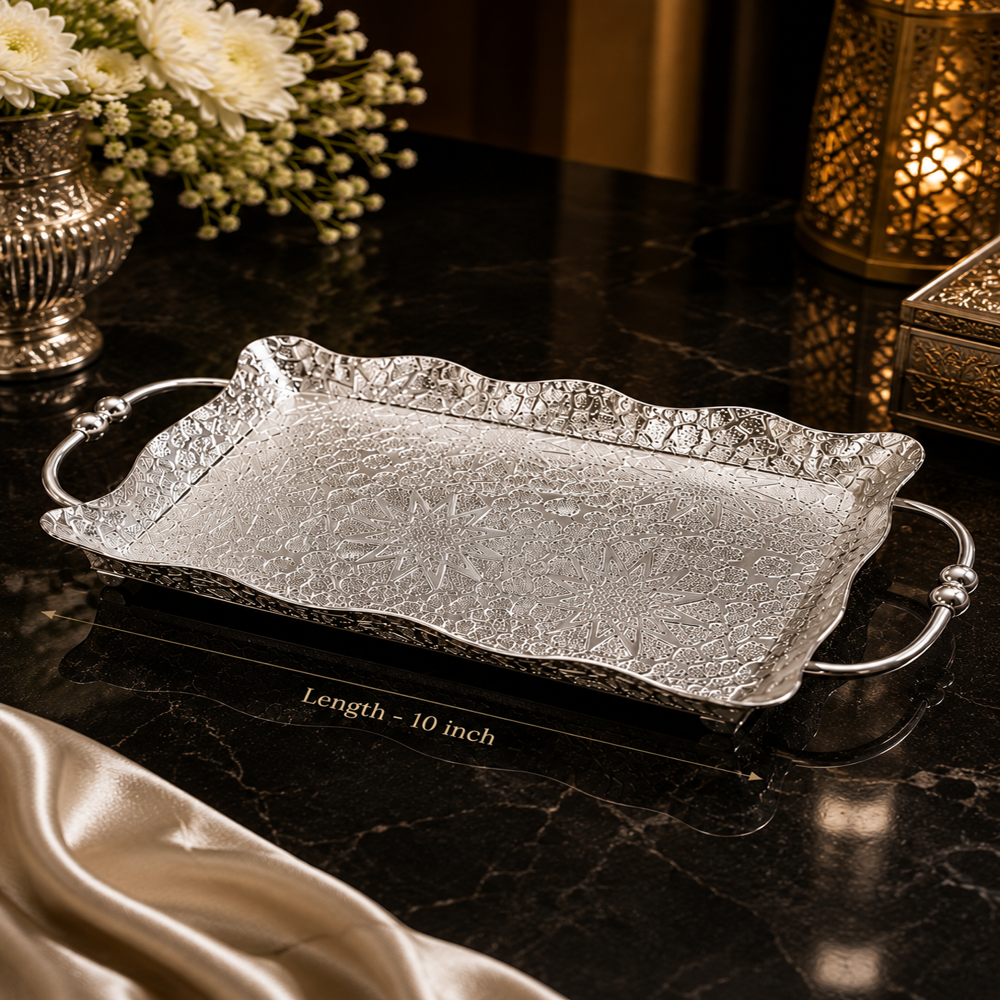 German Silver Plated Tray - 14x8x2 Inches, Mirror-polished Silver, Scalloped Edges, Geometric Floral Etching