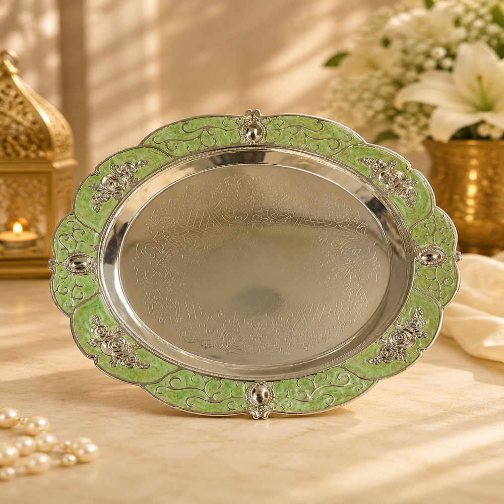 German Silver Tray - 28cm Round, Silver Tone With Green Enamel Border, Handcrafted Embossed Floral Design