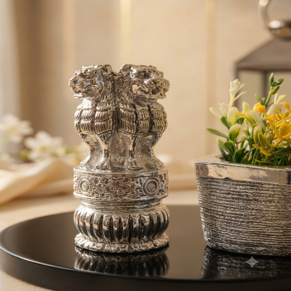 SilverPlated Ashoka Stambha with Flower Pot Set