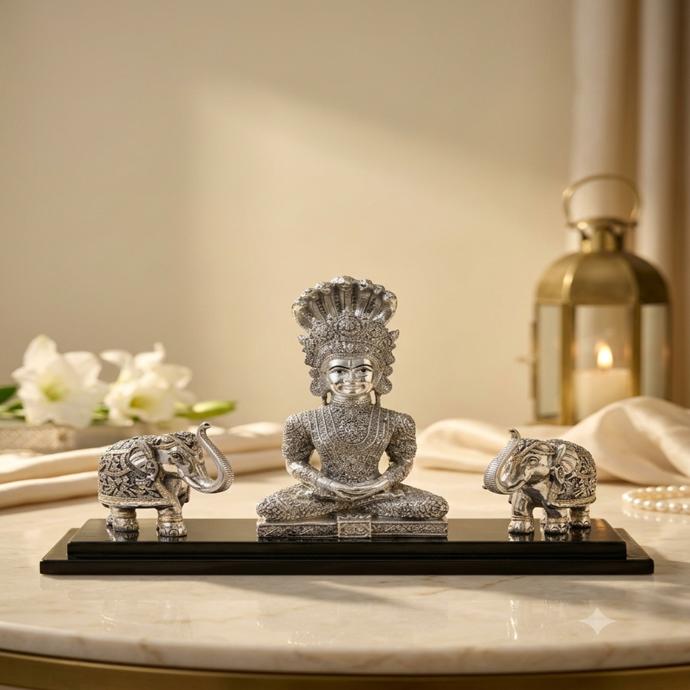 Parshvanatha Silver-plated Gift Set With Royal Elephants - Silver-plated Zinc Alloy, 28x13x19 Cm, Antique Finish | Hand-carved, Eco-friendly Plating, Polished Wood Base