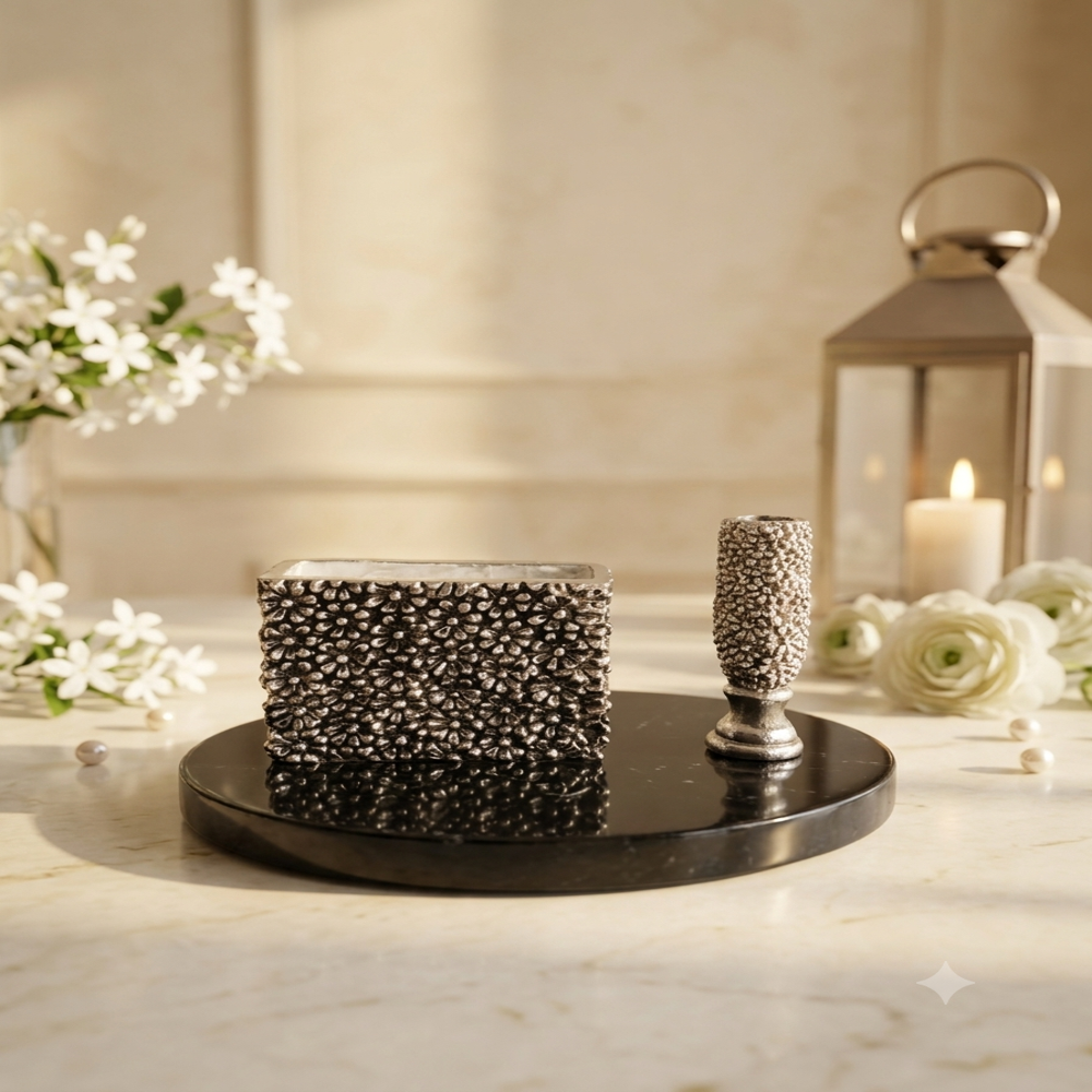 Silver Flore Pen Stand - Zinc Alloy Silver Finish, Medium 10x6x8cm, Matte Floral Texture, Anti-skid Base
