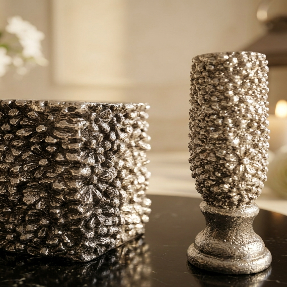 Silver Flore Pen Stand - Zinc Alloy Silver Finish, Medium 10x6x8cm, Matte Floral Texture, Anti-skid Base