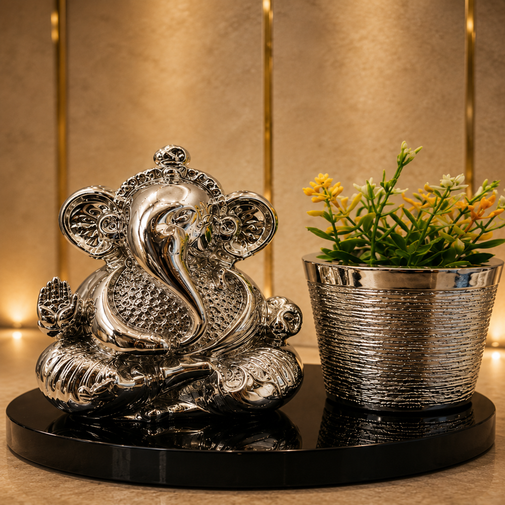 Beautiful Silver Ganesh Ji Idol with Flower-Pot