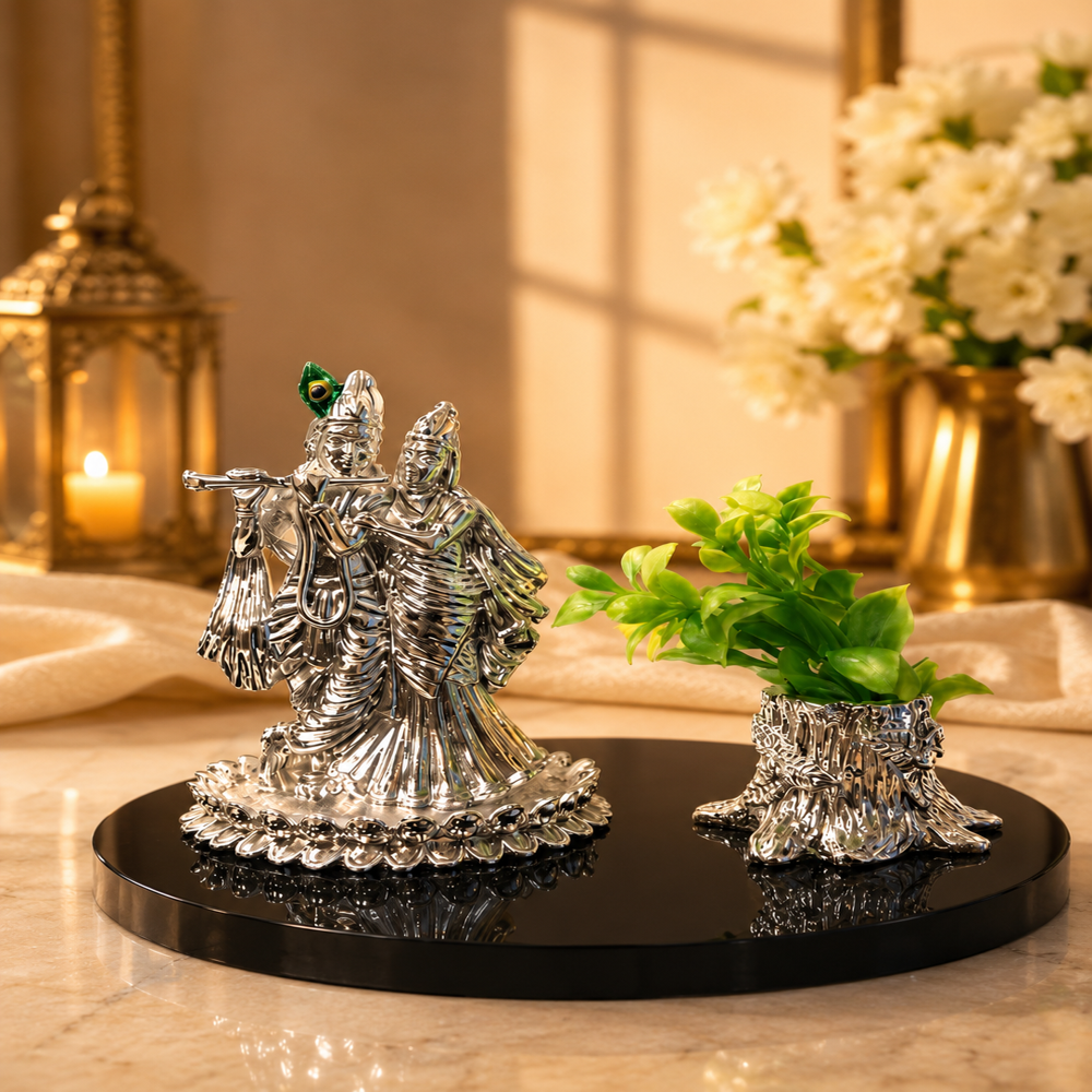 Silver Finish Radha Krishna Idol with Decorative Planter for Home & Office Decor
