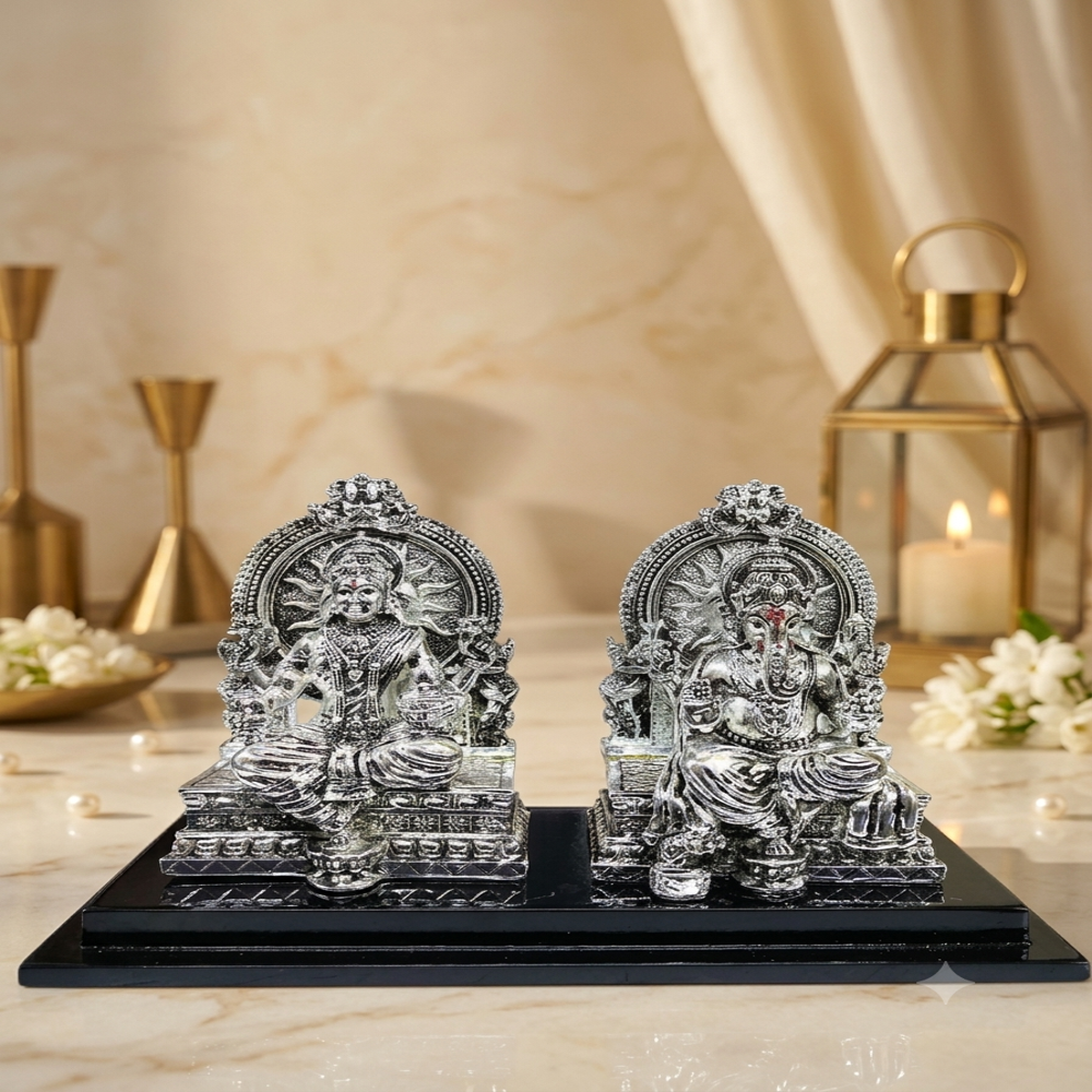 Silver Lakshmi-Ganesha Set - 92.5% Sterling Silver, 16x9x13 cm, Black Polished Wooden Base | Hand-Carved, Antique Silver Finish, Seated Idols