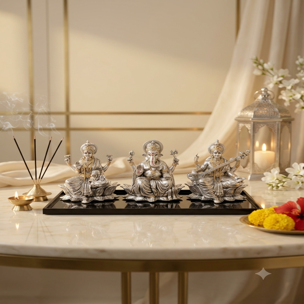 Silver Plated Laxmi Ganesh Saraswati Idol Set