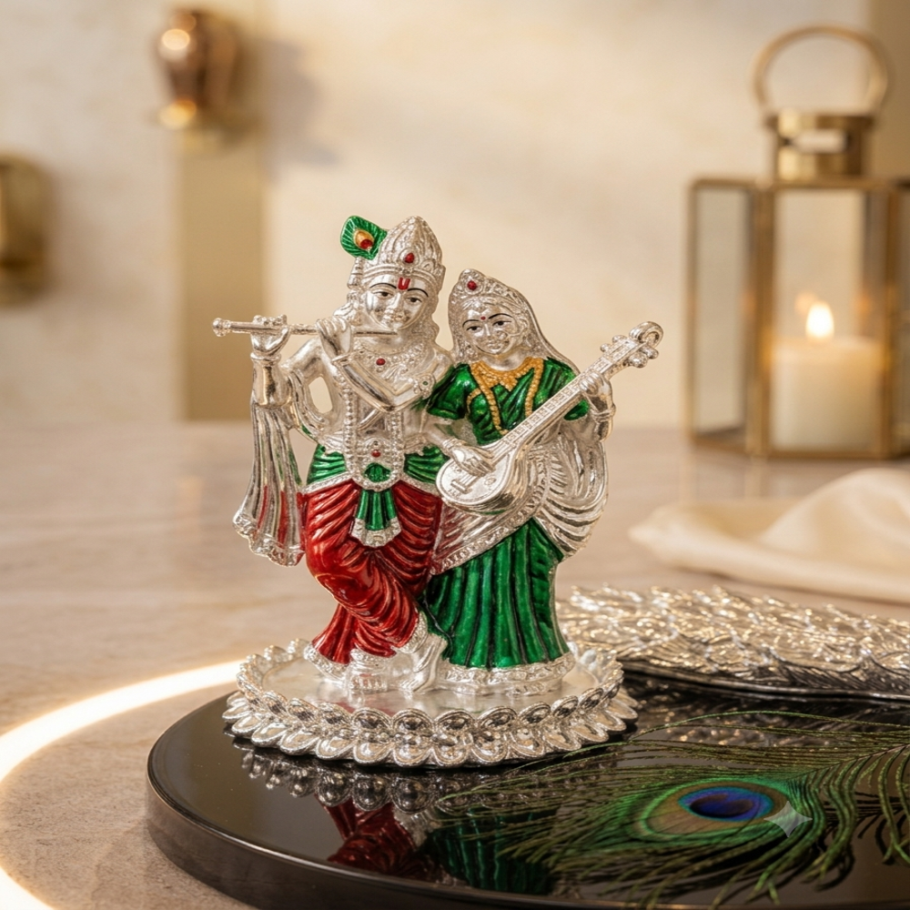Silver Plated Radha Krishna Idol with Royal Peacock Showpiece