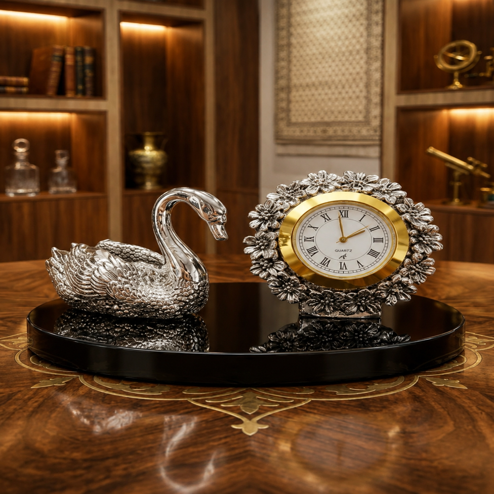 Elegant decorative display with swan and clock