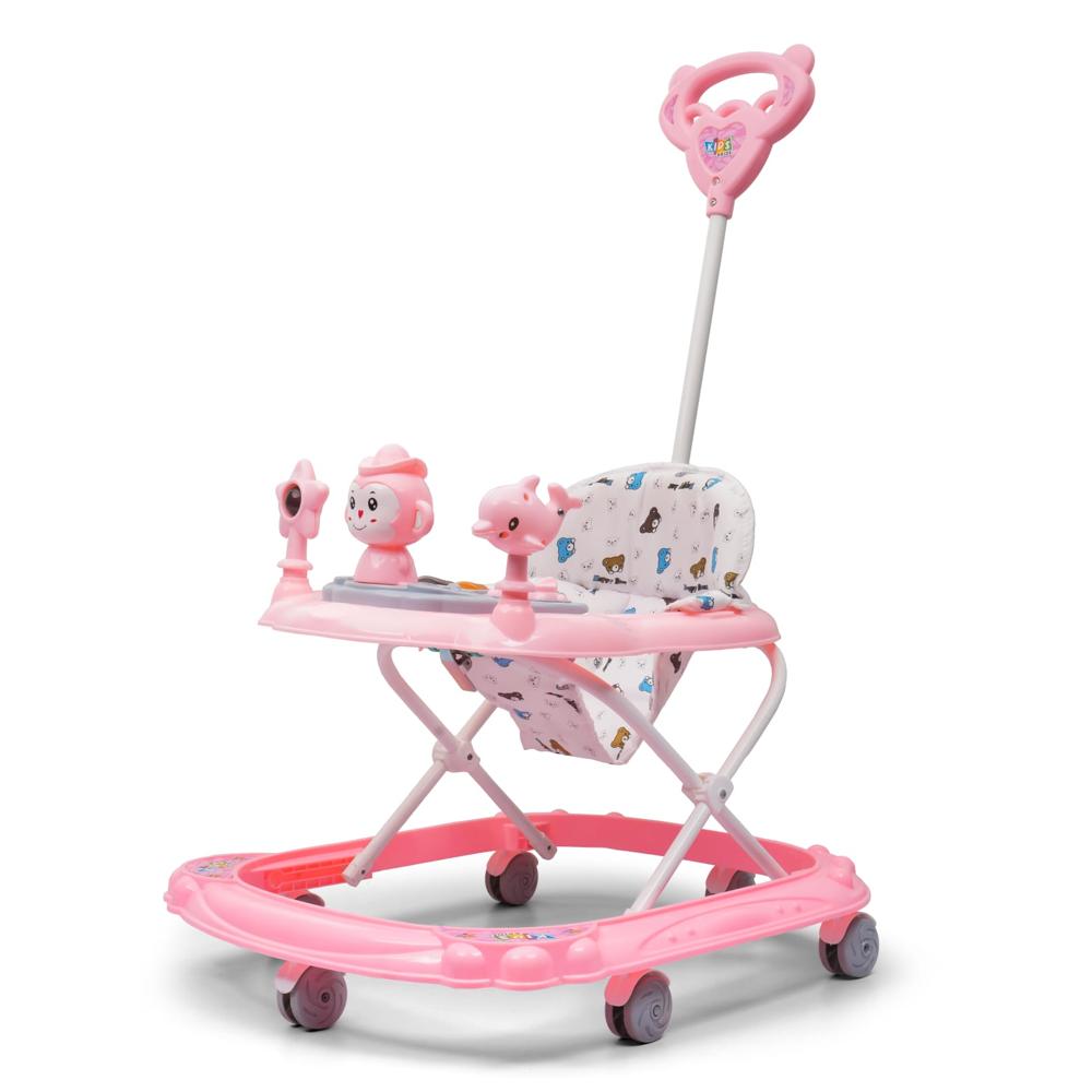 Baby Adjustable Walker - Plastic Frame, Standard Size, Pink With Cartoon Print | 8 Multidirectional Wheels, Interactive Music & Toys Tray, Foldable Design