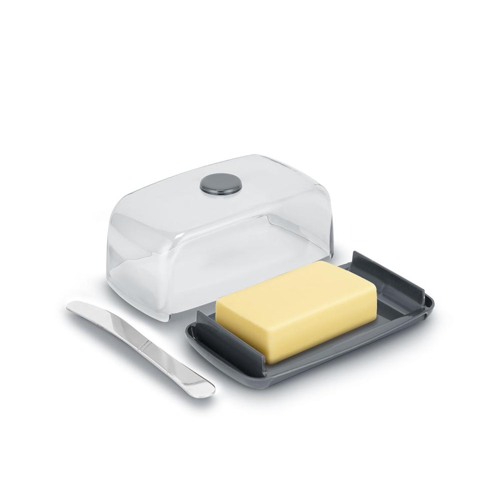 Nayasa Smart Transparent Butter Dish With Airtight Lid And Magnetic Knife Holder | Durable Plastic Base | Easy To Clean | Stylish Storage & Serving Container For Butter - Color: Grey