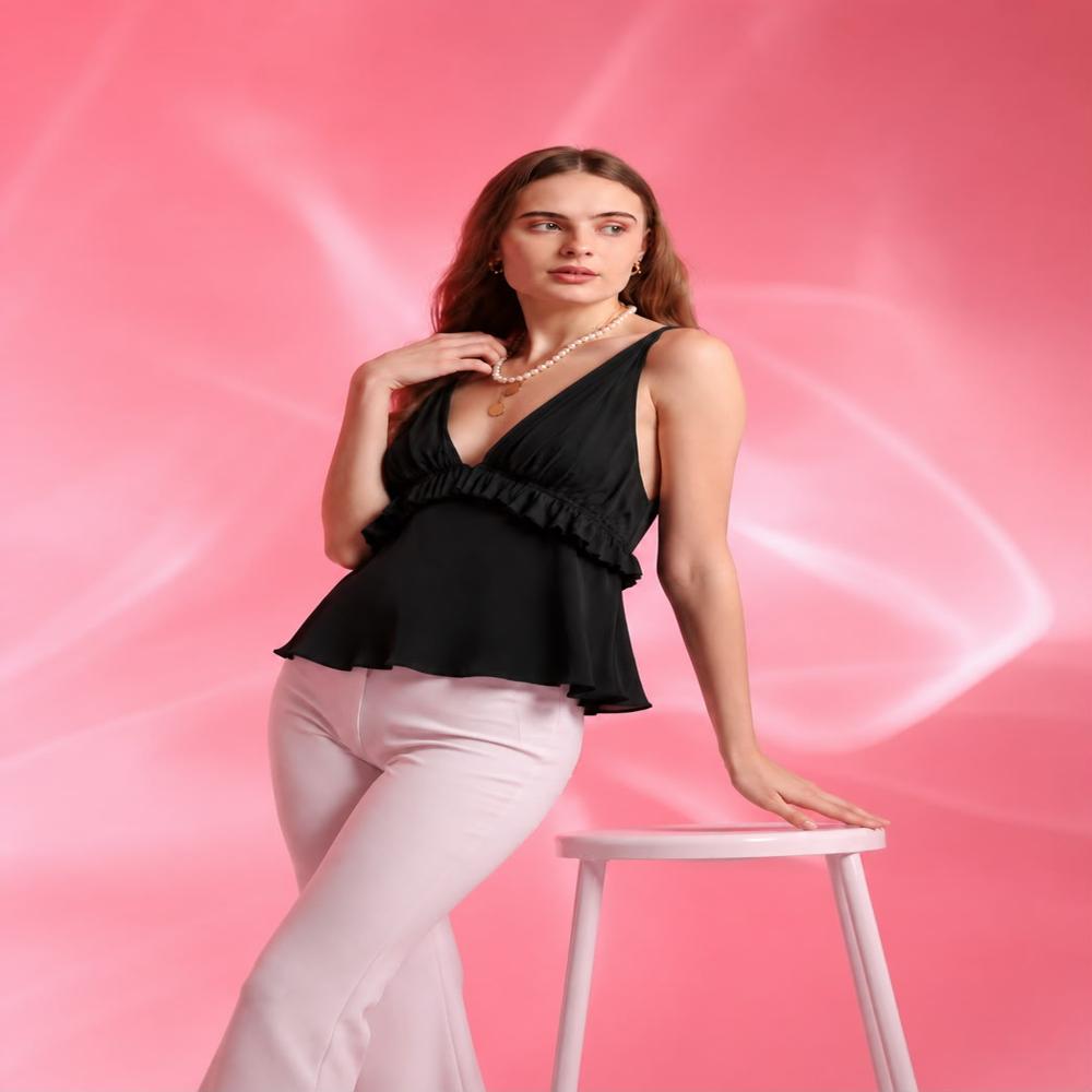 Noirmuse Black Peplum Top - Lightweight Polyester Blend, Multiple Sizes, Adjustable Waist | Ruffled Hemline, Frill Trim, V-neck, Sleeveless