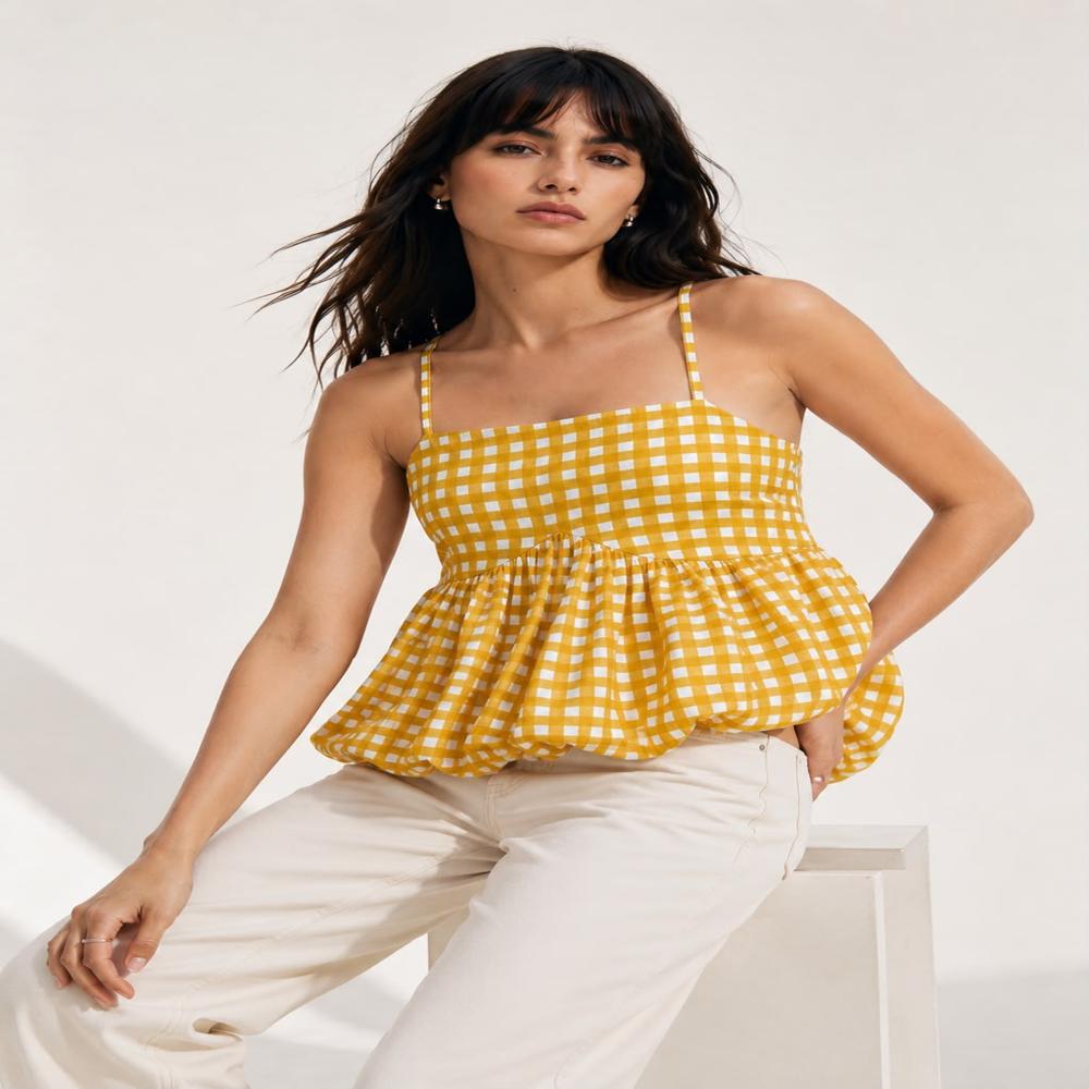 SunGingham Yellow Babydoll Top