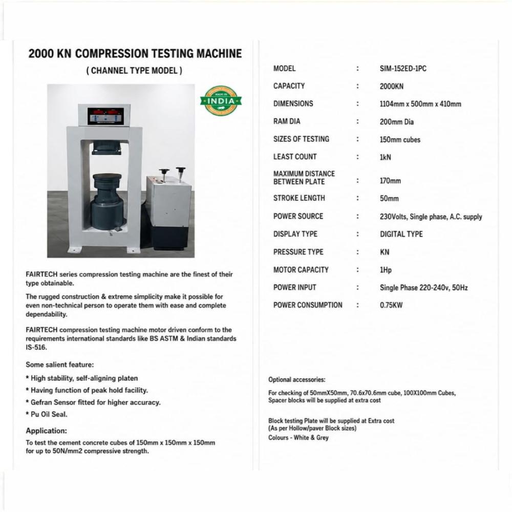 Semi Automatic Compression Testing Machine - Capacity: 200 Tons/year