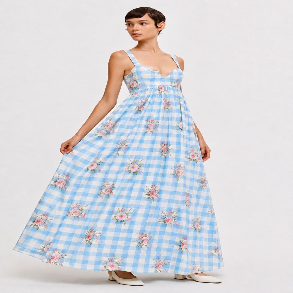Bluebell Sonata - Cotton Blend Maxi Dress, Light Blue Checked Floral Print, Pullover Fit and Flare with Sweetheart Neckline