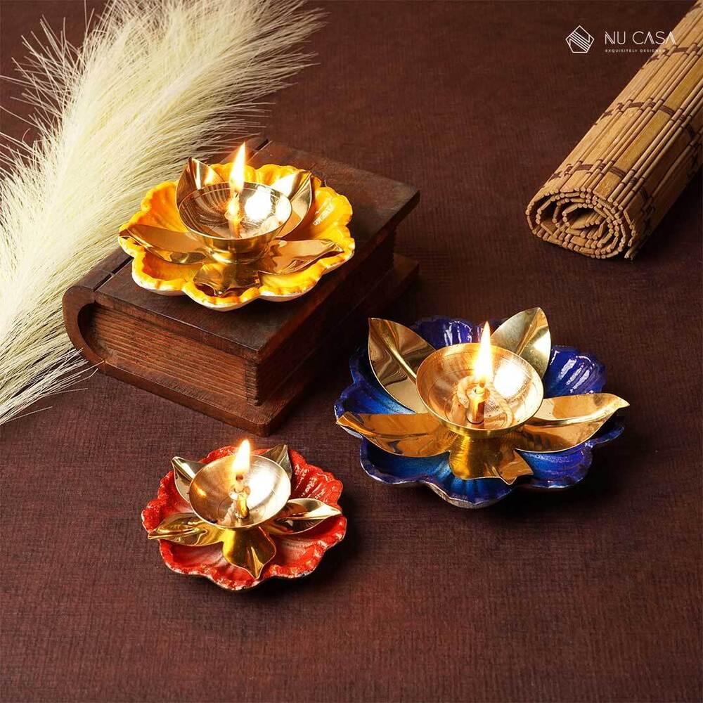 Brass Colored Diyas - Shape: Lotus Flower