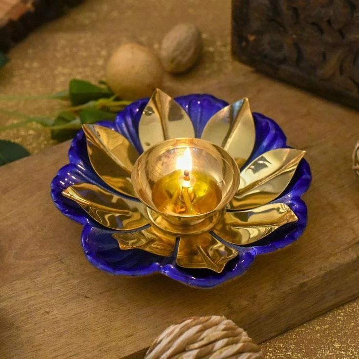 Brass Colored Diyas - Shape: Lotus Flower