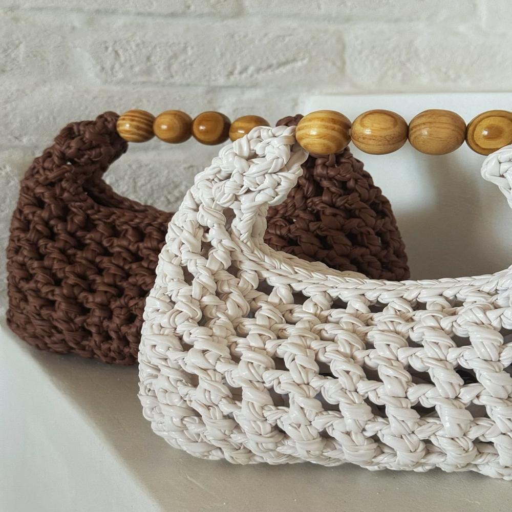 Driftwood Weave - Synthetic Raffia, 28x18x11 cm, White/Brown | Handwoven, Wooden Beaded Handle, Eco-Friendly, Lightweight