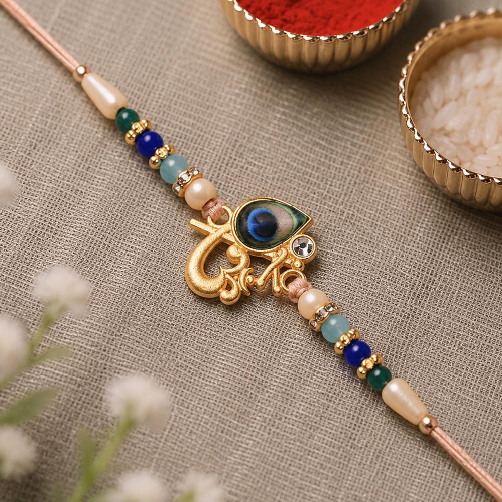 Peacock Rakhi - Divine Govind with Multicolor Beads for Raksha Bandhan