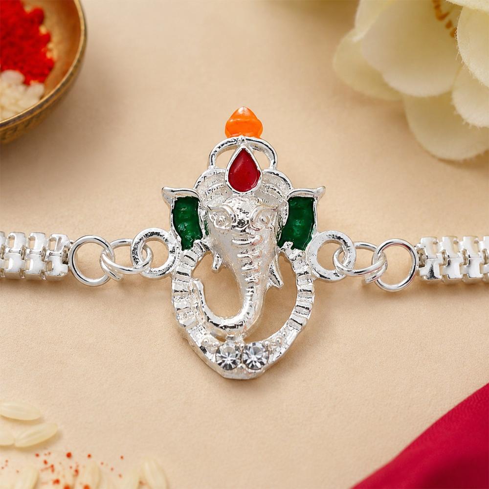 Ganesha Rakhi - Stylish Enamel & Silver Chain for Brothers