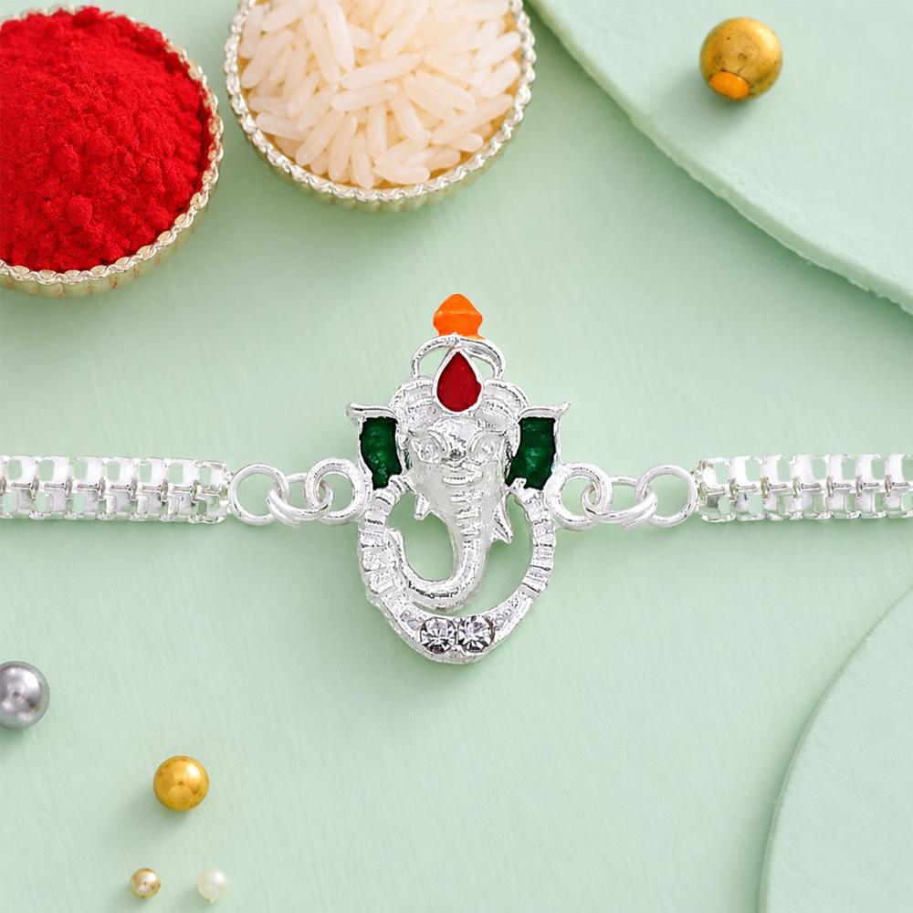 Ganesha Rakhi - Stylish Enamel & Silver Chain for Brothers