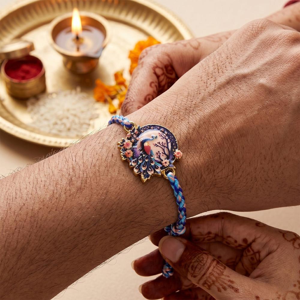 Peacock Floral Charm Rakhi - Traditional Dori for Brother