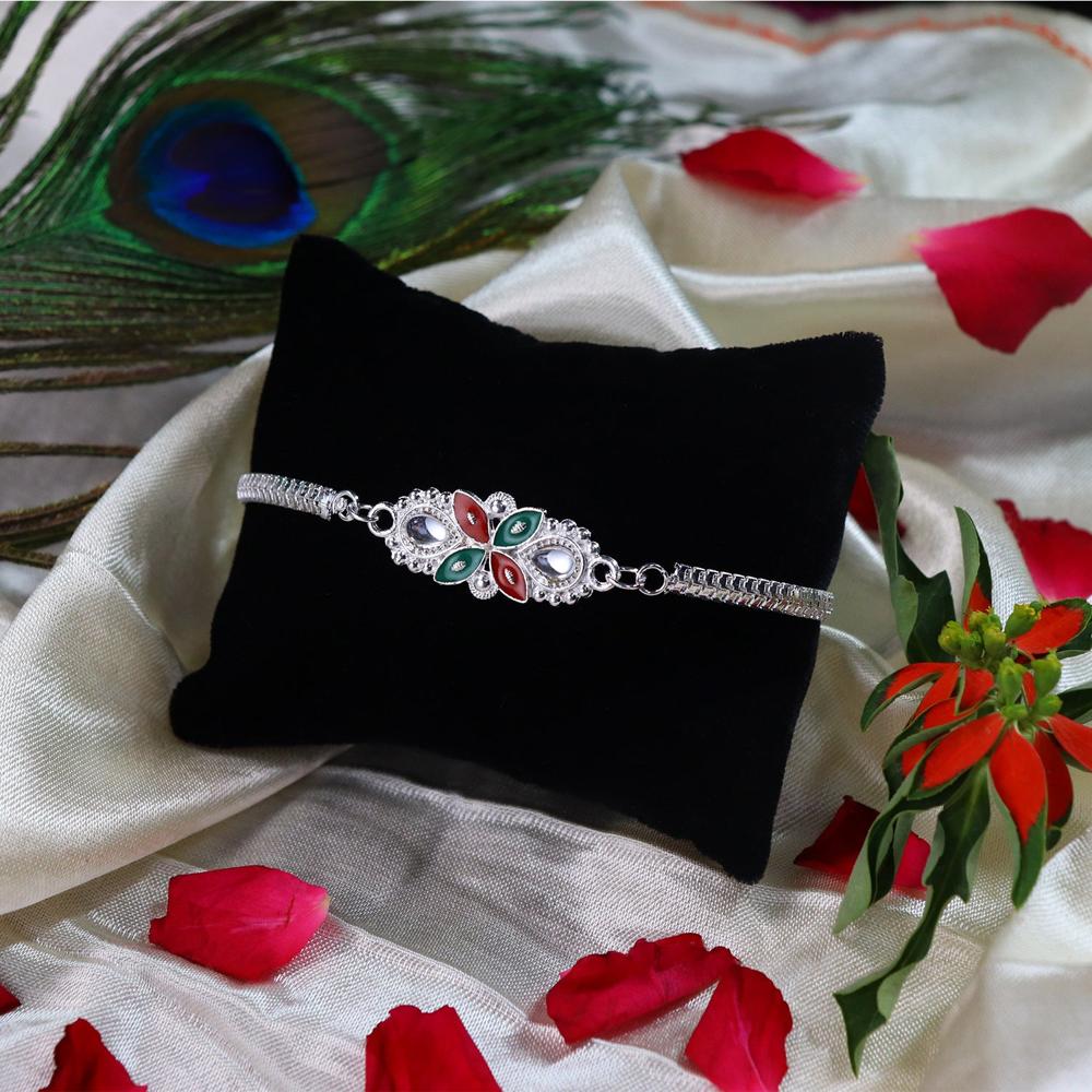 Floral Rakhi - Elegant Red Green Enamel Design for Brother