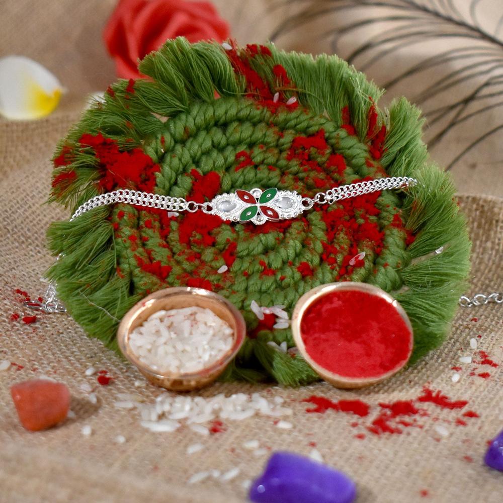 Floral Rakhi - Elegant Red Green Enamel Design for Brother
