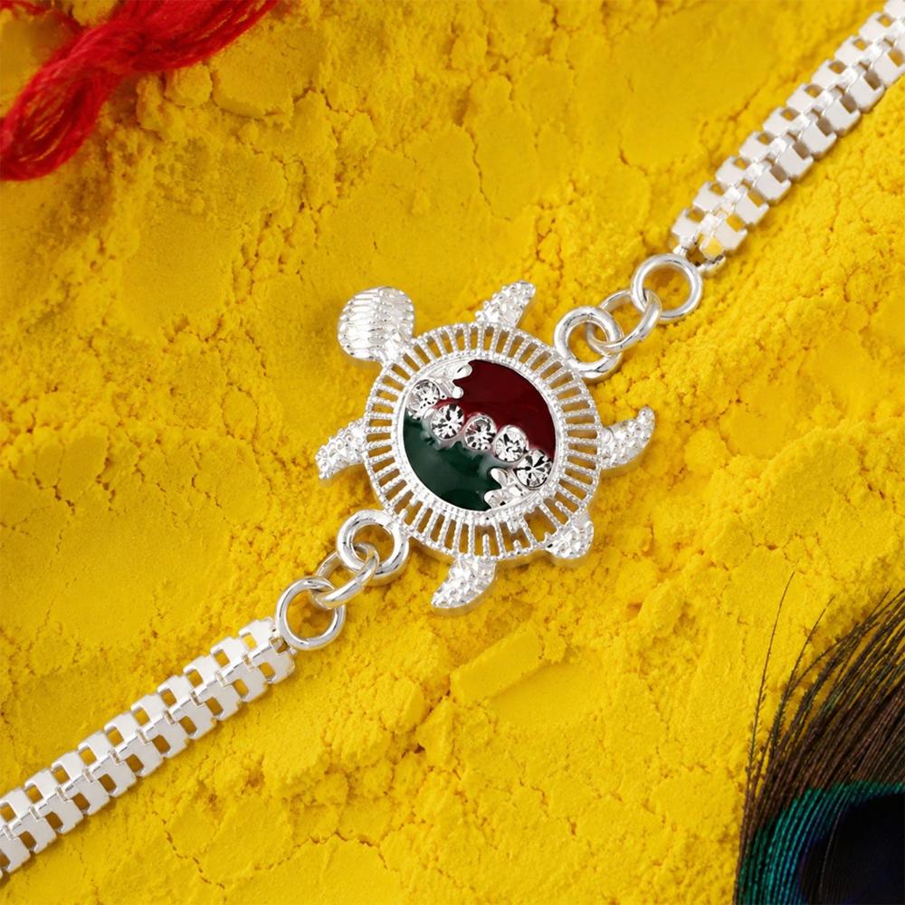 Turtle Rakhi - Red Green Enamel With Silver Metal Chain - Application: Multipurpose Use