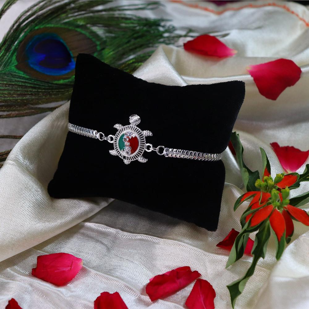 Turtle Rakhi - Red Green Enamel with Silver Metal Chain