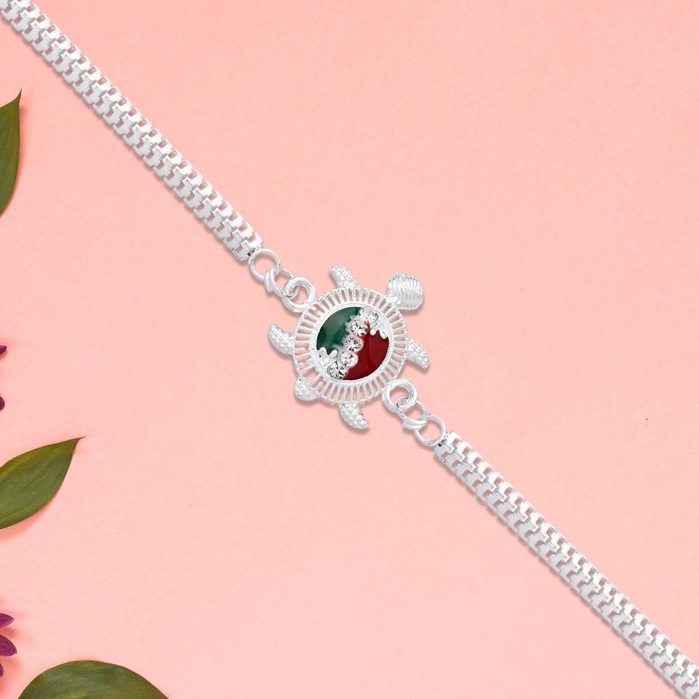 Turtle Rakhi - Red Green Enamel with Silver Metal Chain