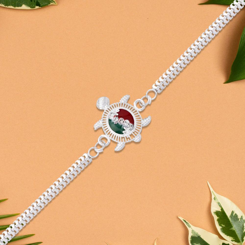 Turtle Rakhi - Red Green Enamel with Silver Metal Chain