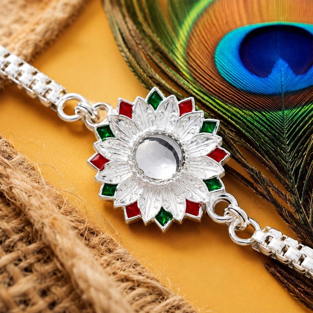 Silver Rakhi - Elegant Meenakari Floral Design for Brother