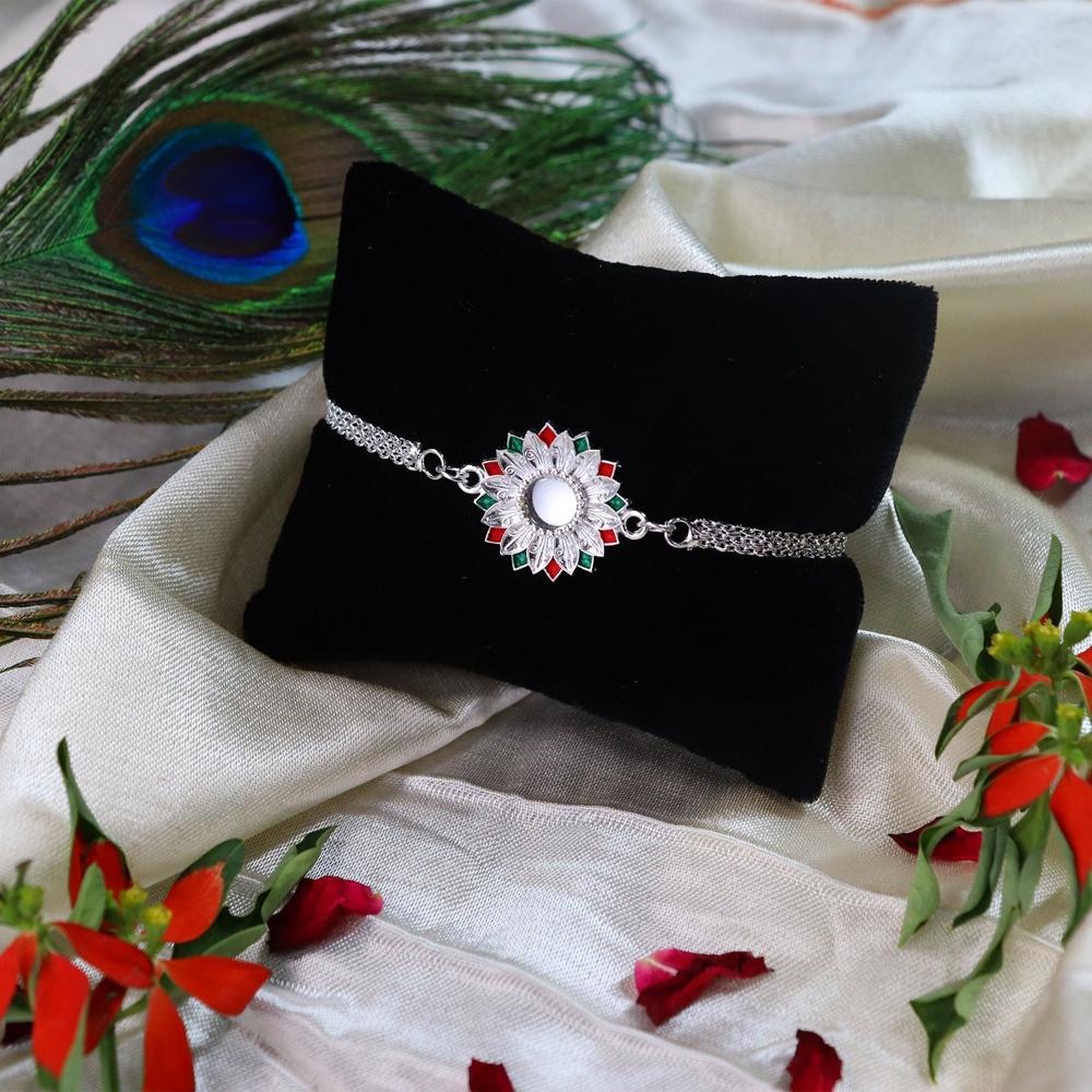 Silver Rakhi - Elegant Meenakari Floral Design for Brother
