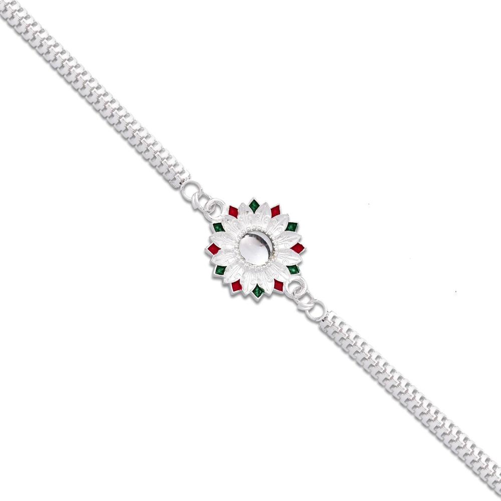 Silver Rakhi - Elegant Meenakari Floral Design for Brother