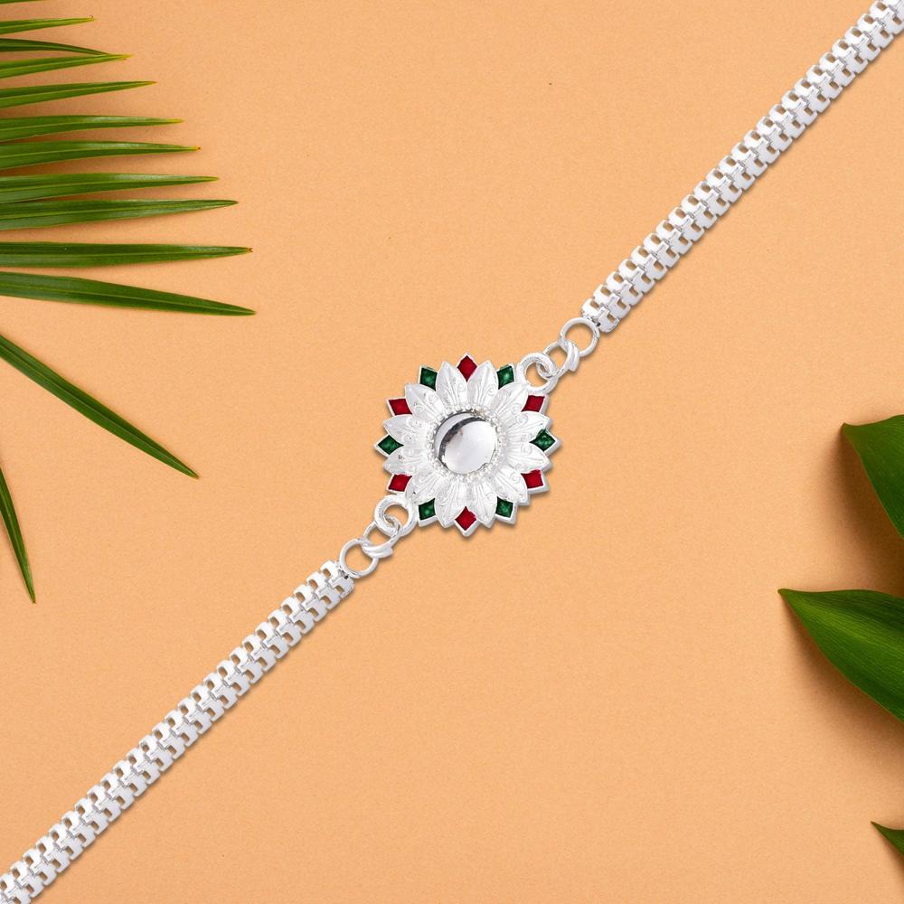 Silver Rakhi - Elegant Meenakari Floral Design for Brother