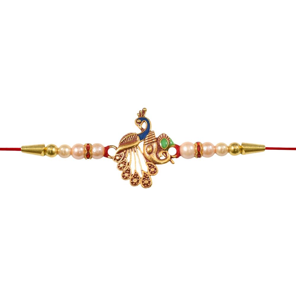 Shop Peacock Design Rakhi with Pearl Beads & Golden Detailing