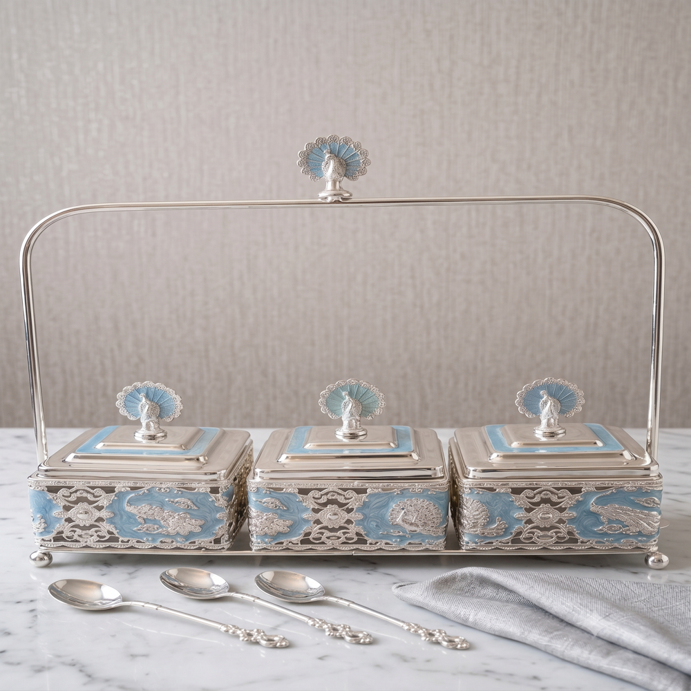 12 pcs ctn German Silver dry Fruits Pot with Handle