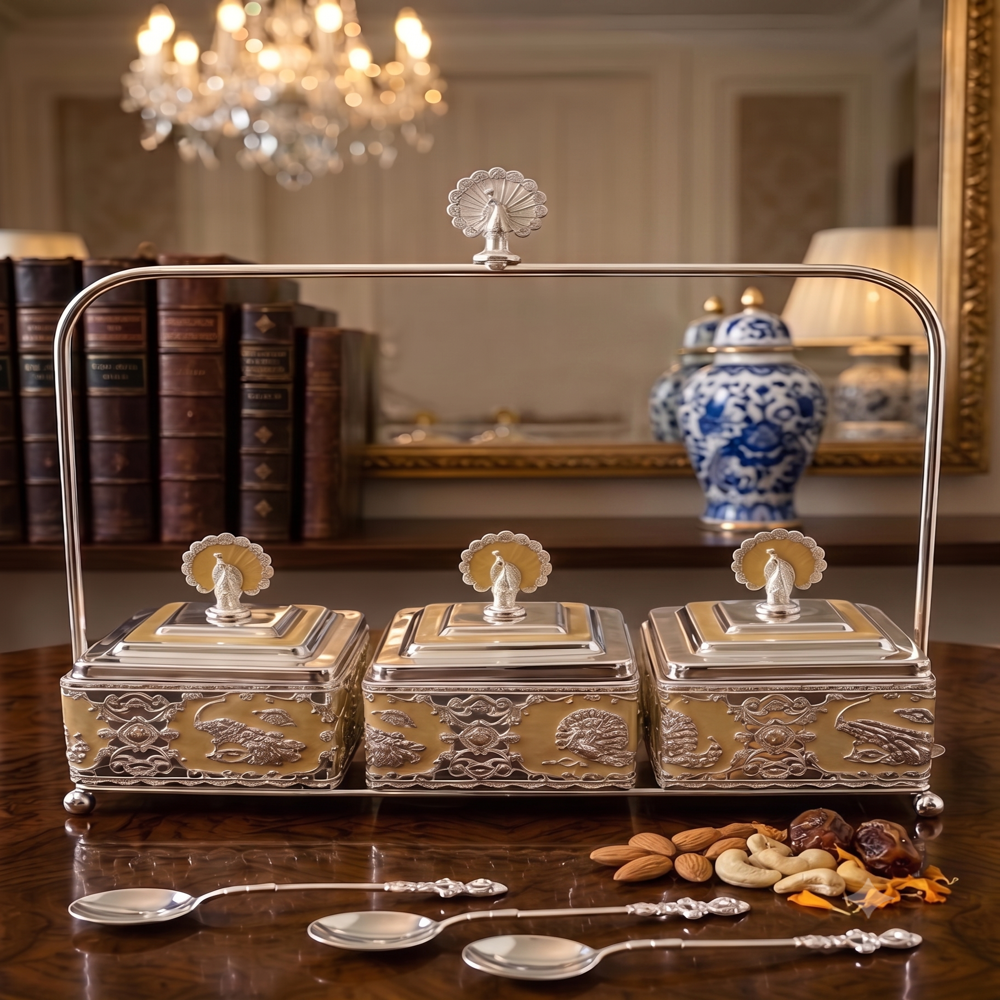 12 pcs ctn German Silver dry Fruits Pot with Handles